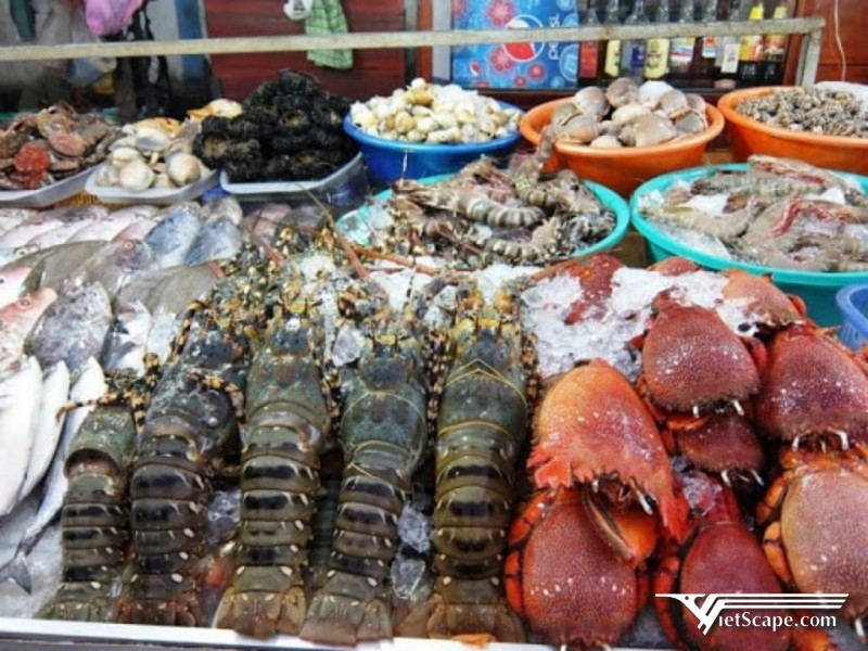 Hải sản đa dạng với các loại tôm, nhum biển, ngao ốc,...
