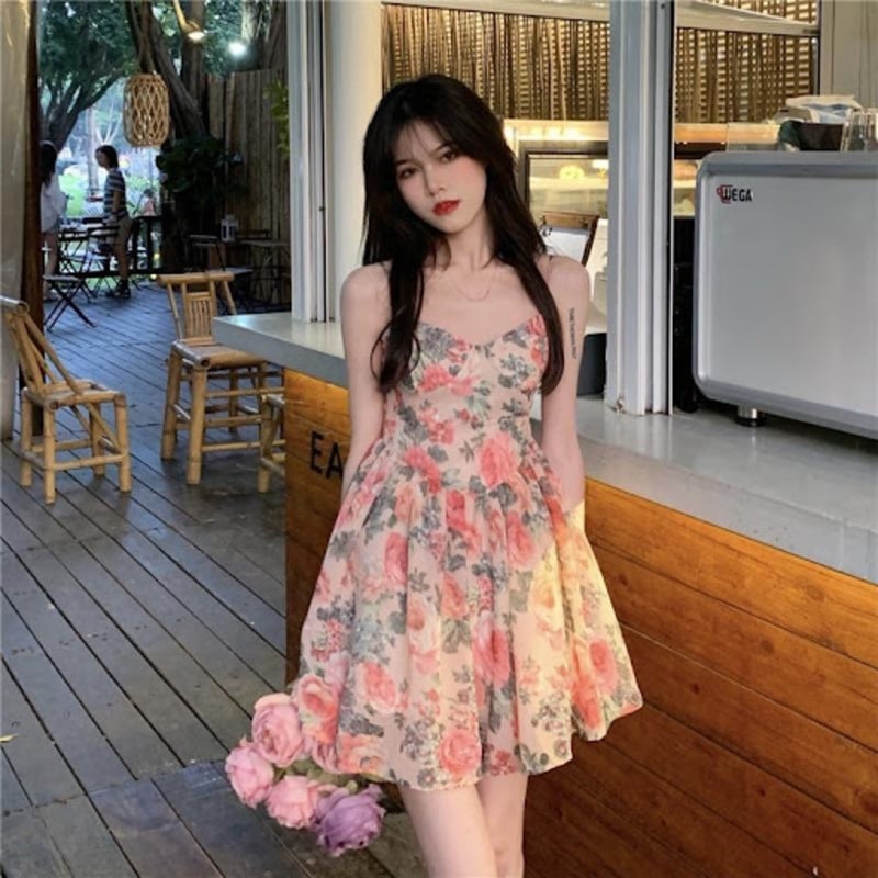 Nhiều cô nàng lựa chọn cho mình chiếc váy xòe hai dây họa tiết